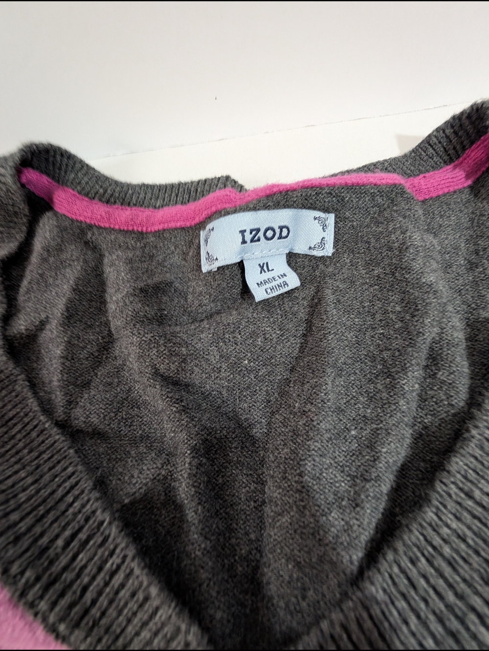 Izod Gray V-Neck Sweater with Pink Trim